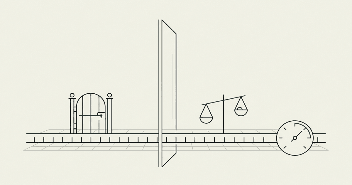 Abstract line-art of a regulatory boundary on a timeline, with a gate, a balance scale, and a meter dial, in limestone and verdigris.
