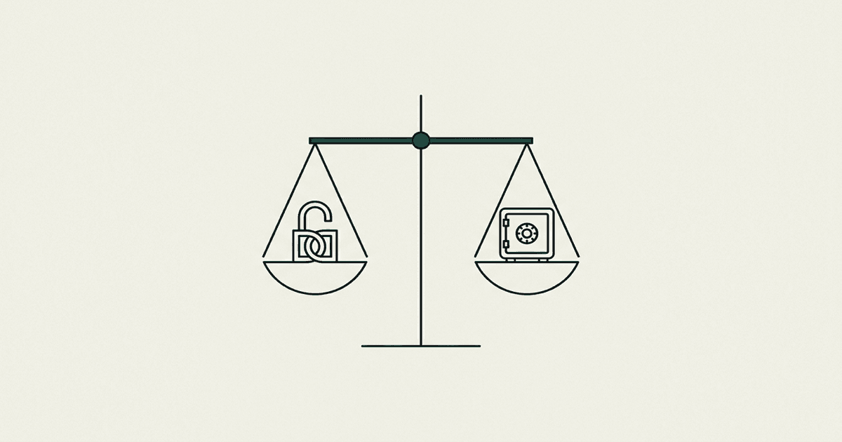 Abstract line-art of a balanced scale weighing an open padlock against a closed vault, on a limestone background with a verdigris accent.
