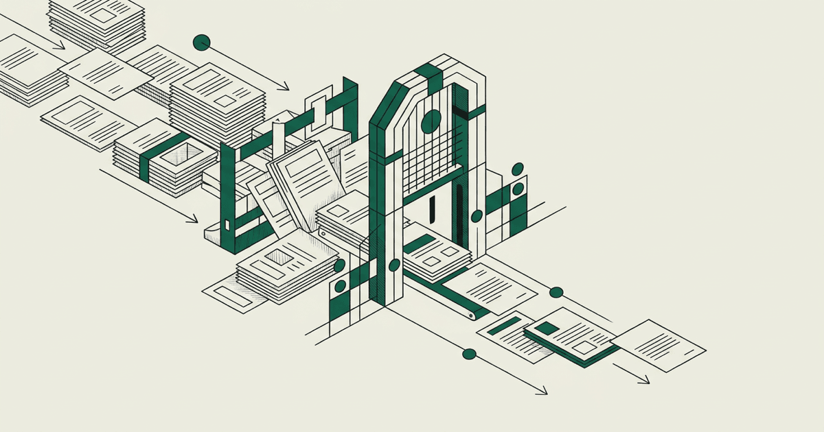Line-art of a gate filtering a stream of documents, holding some back and letting others pass