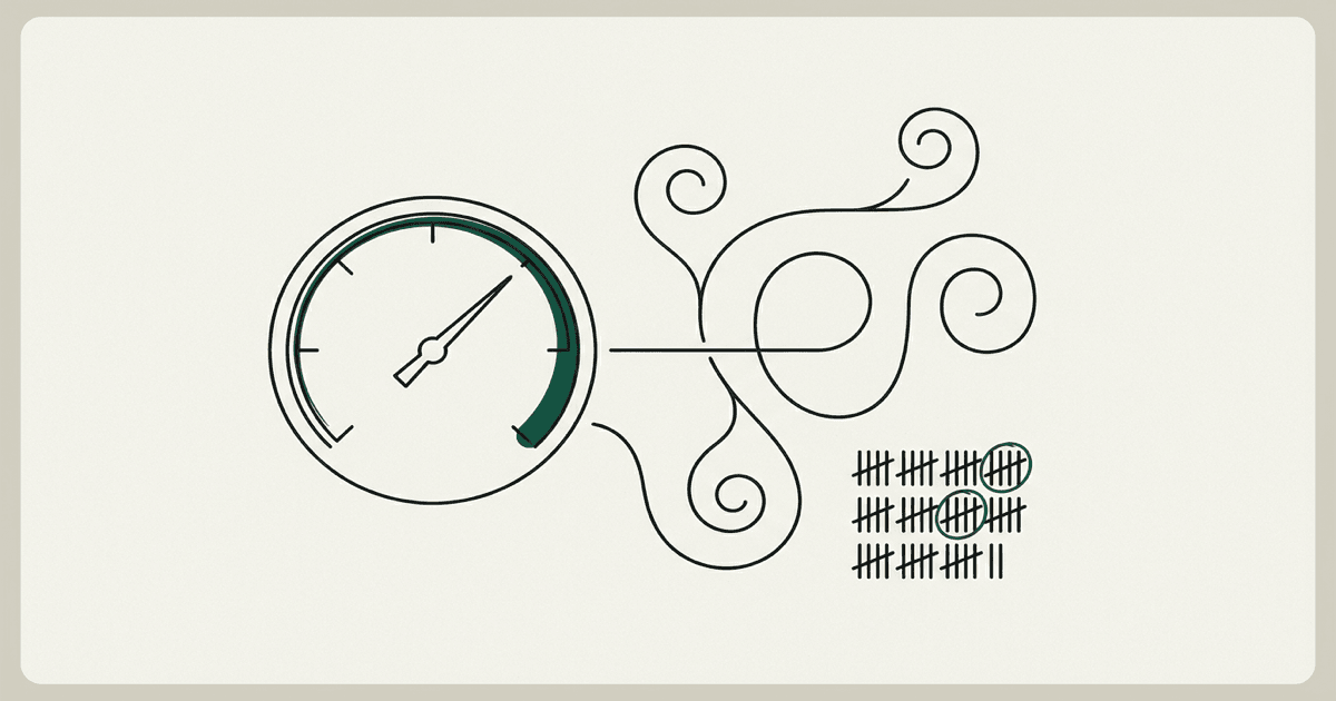 Abstract line-art of a meter dial, a looping path, and tally marks on a limestone background, evoking the real cost of agent retries.